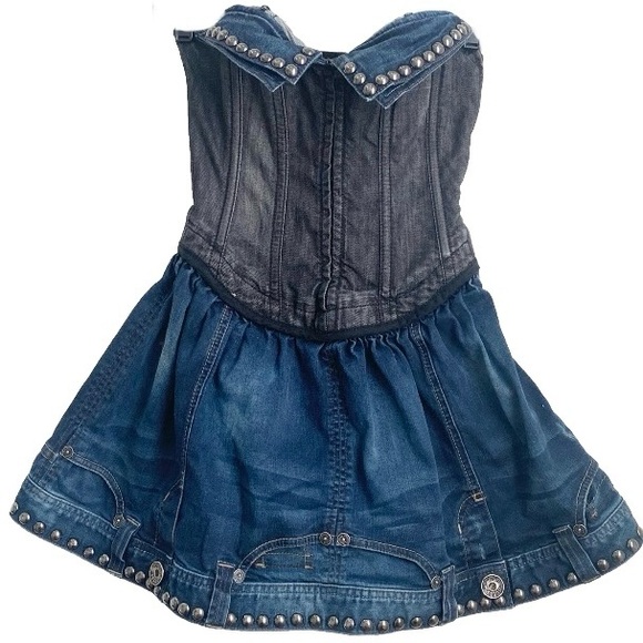 GUESS Project Runway “Natazha” Corset Lace-up Studded Denim Dress Size 1 (XS) - Picture 3 of 16